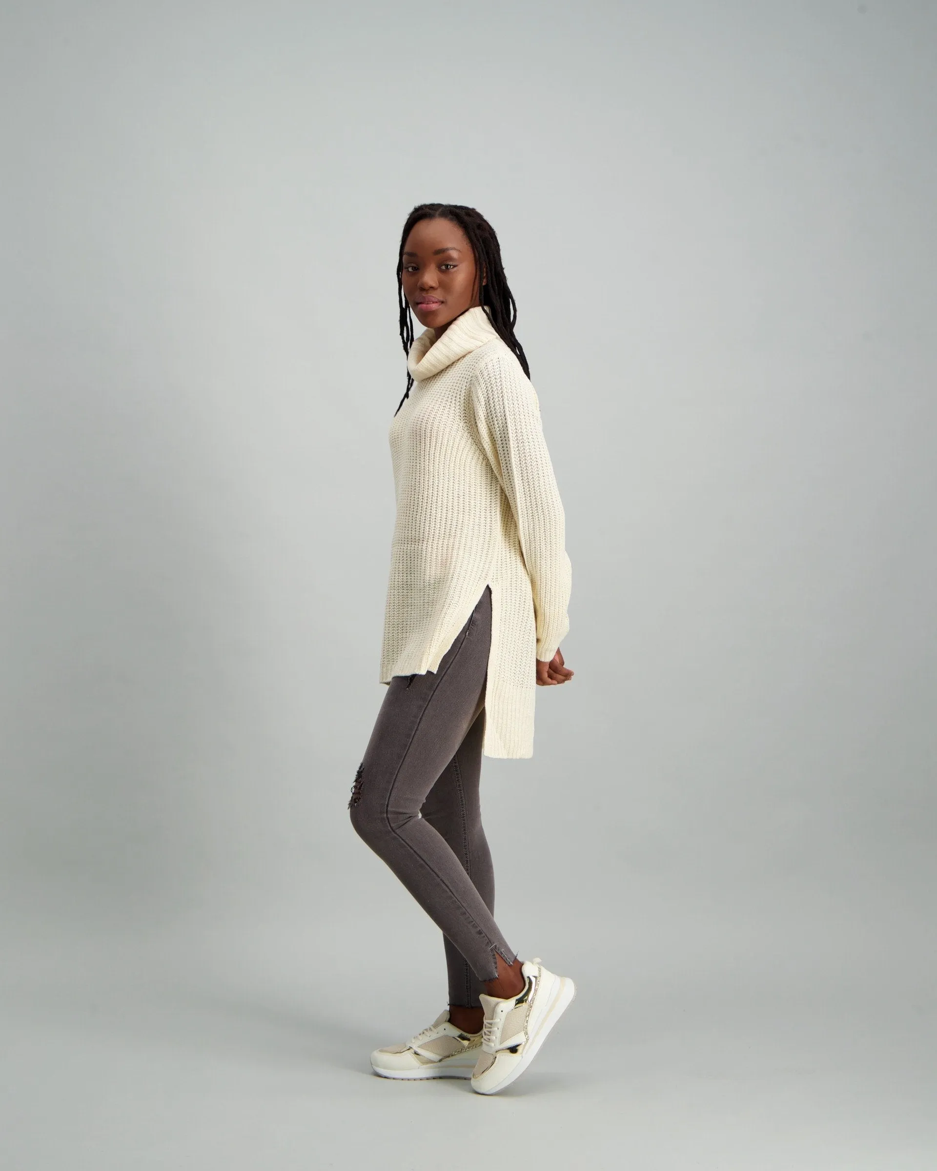 Ladies Cowl Neck Slit Tunic - Oatmeal