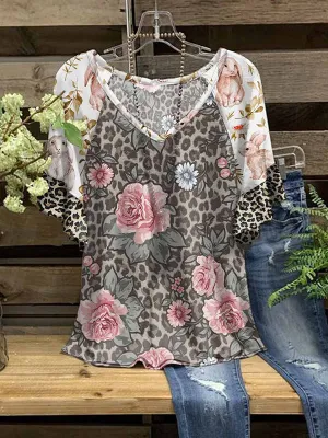 Leopard-Combo V-Neck Tee
