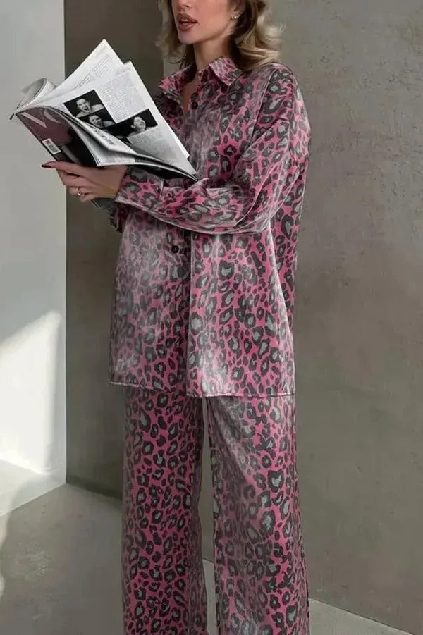 Leopard Print Long-sleeved Casual Top and Loose Elastic Waist Tie Pants Set