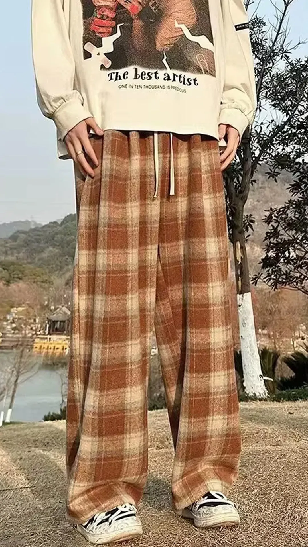 Loose Casual Plaid Wide Leg Men Pants