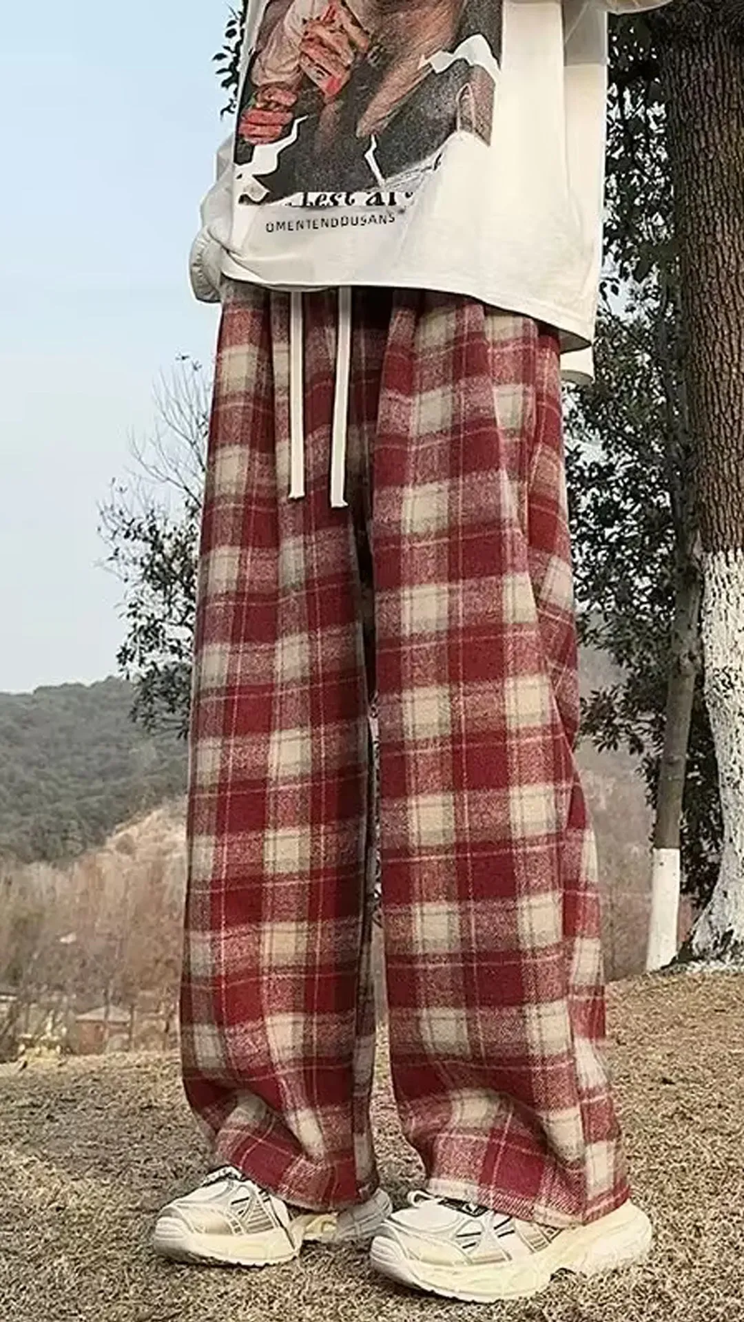 Loose Casual Plaid Wide Leg Men Pants