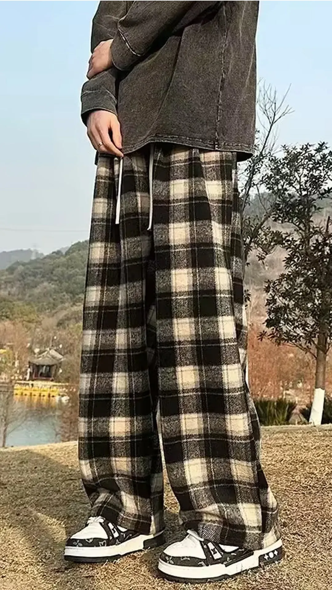 Loose Casual Plaid Wide Leg Men Pants