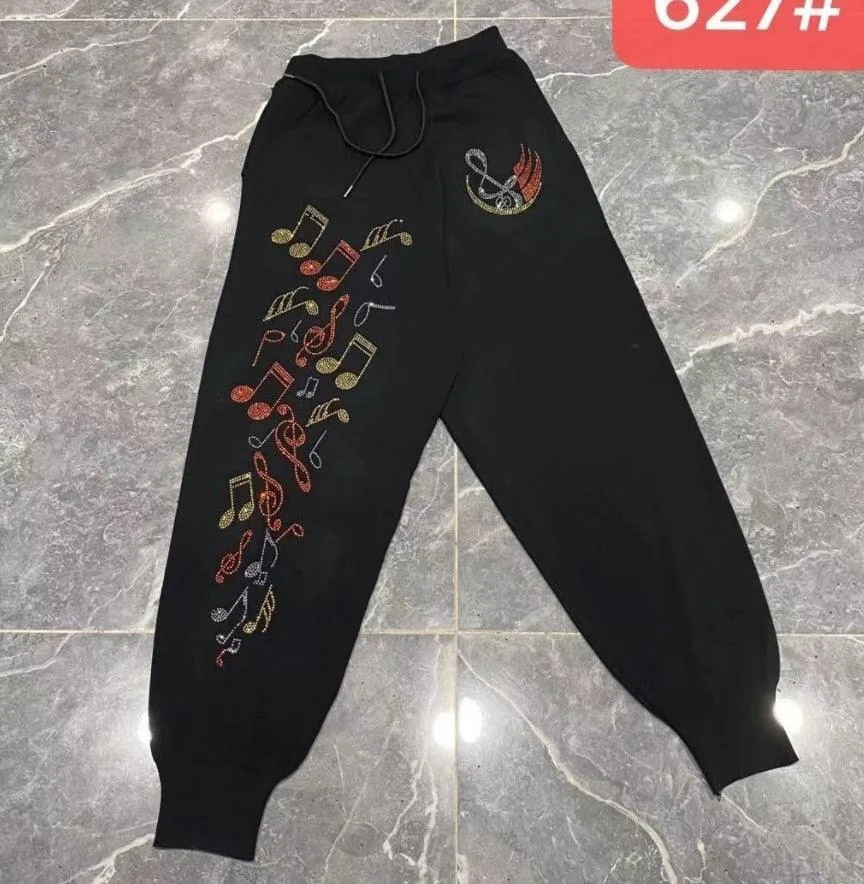 Loose Knitted Trousers with Heavy Embroidery and Hot Drilling - Slimming Fit