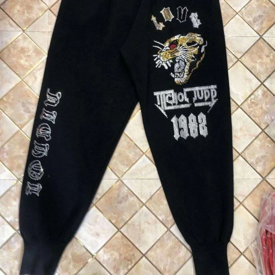 Loose Knitted Trousers with Heavy Embroidery and Hot Drilling - Slimming Fit