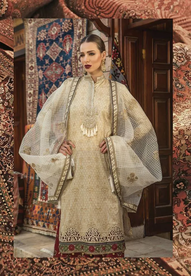 Maria B. Summer Cotton-Lawn Collection- Beige Color Shirt with Embroidery