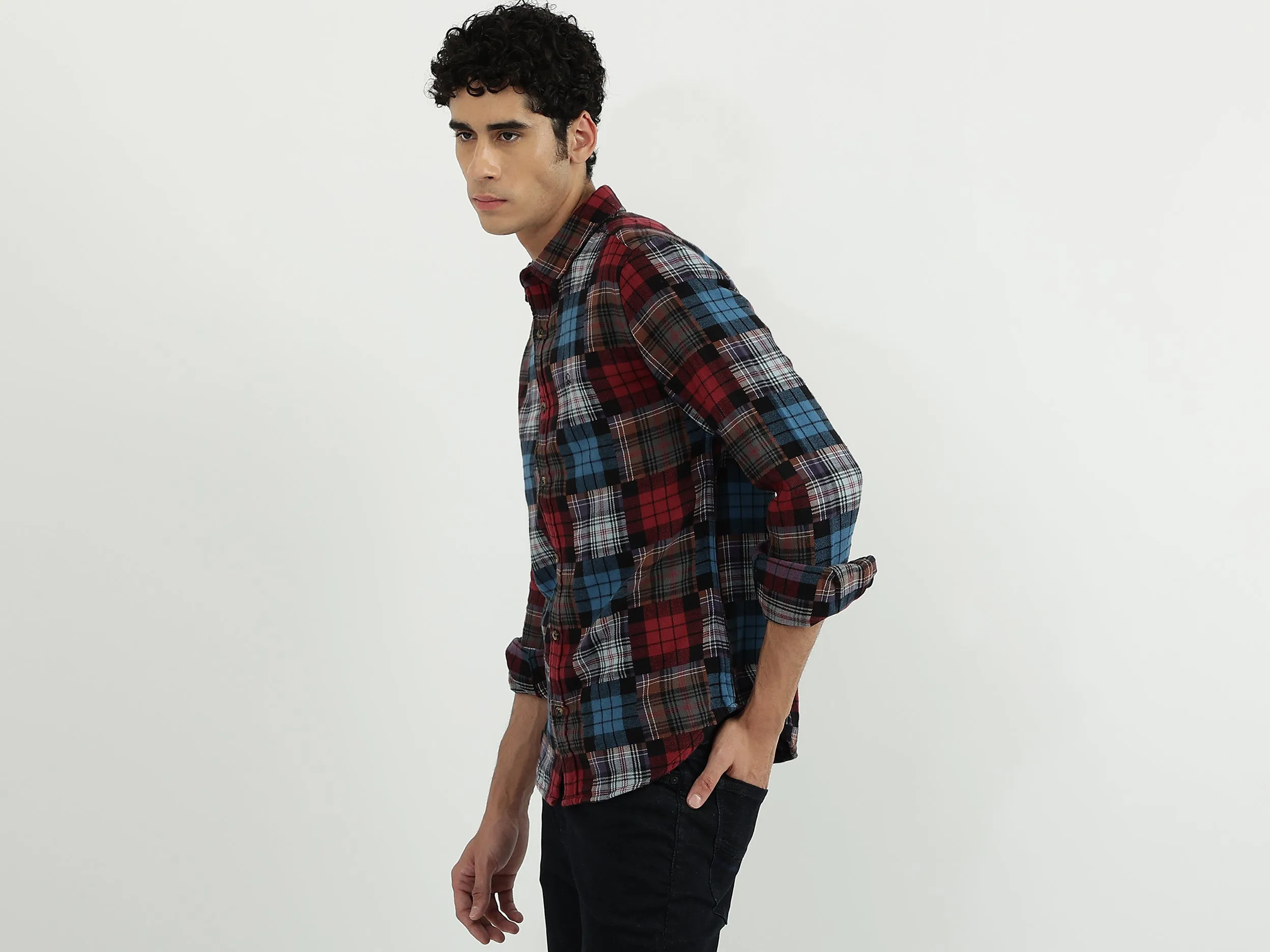 Men Check Spread Collar Shirt