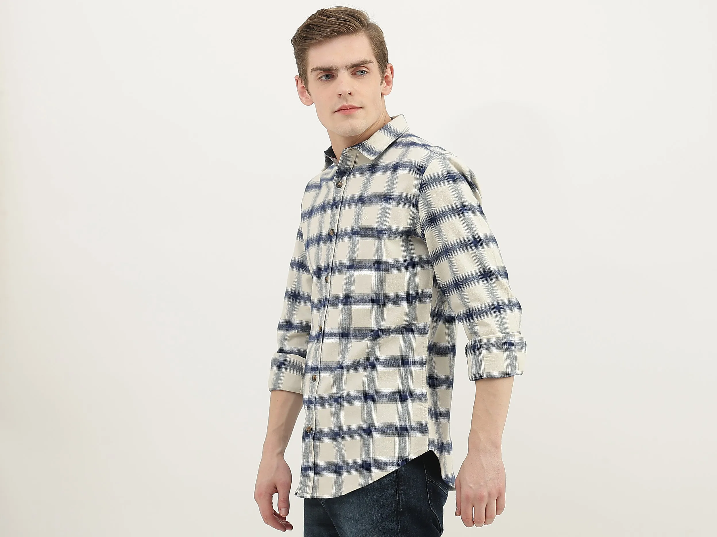 Men Checked Spread Collar Shirt