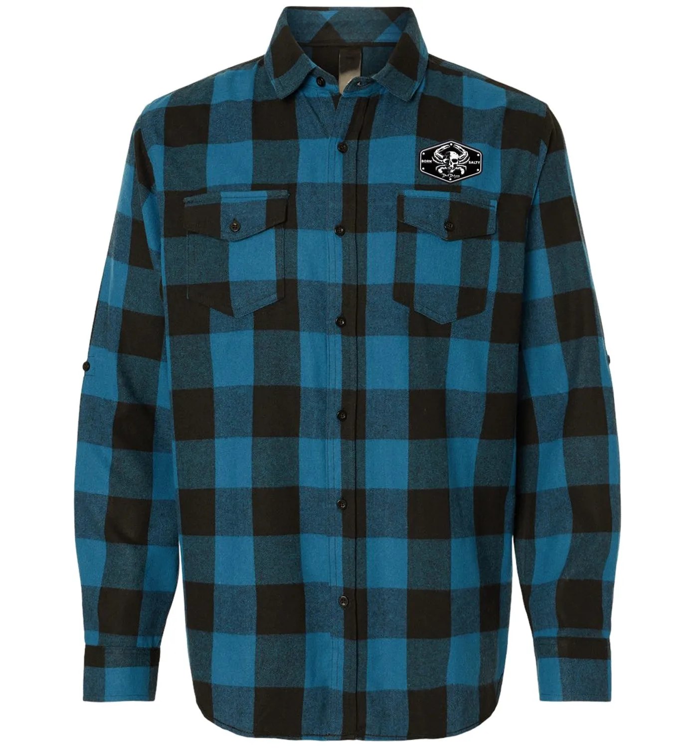 Men’s Born Salty Skull Crab Blue Black Buffalo Flannel Shirt
