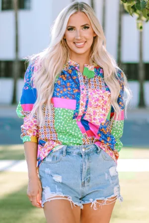 Multicolor Floral Patchwork Print Buttoned Puff Sleeve Shirt