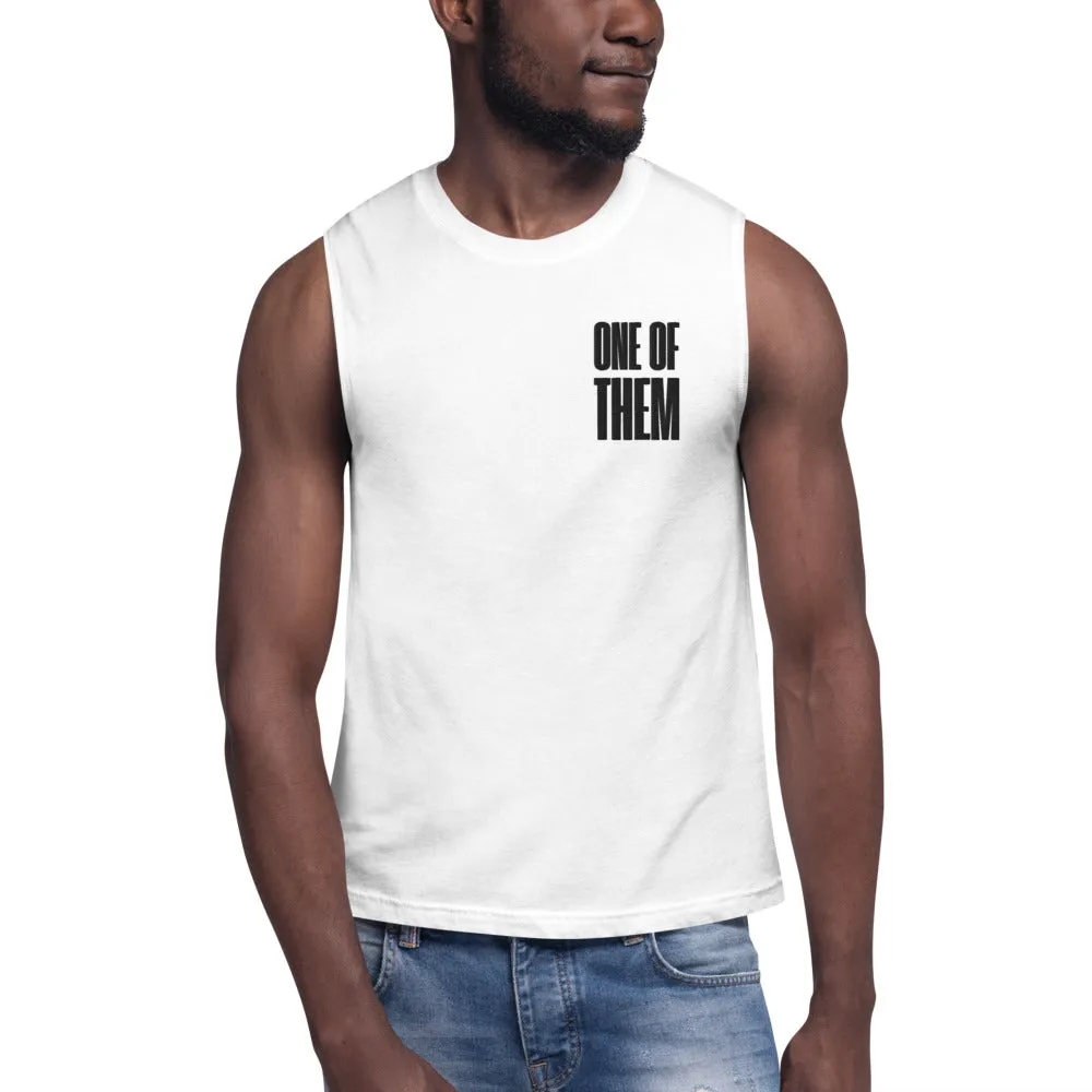 One of Them Black Text Embroidery on White Relaxed Fit Sleeveless Tank Top