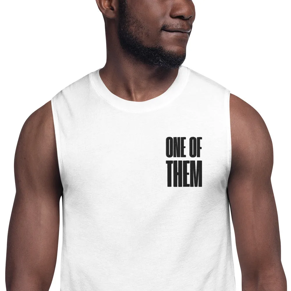 One of Them Black Text Embroidery on White Relaxed Fit Sleeveless Tank Top