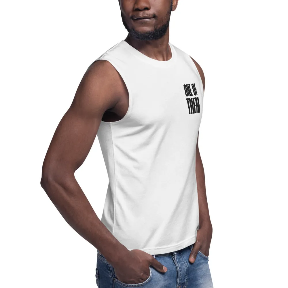 One of Them Black Text Embroidery on White Relaxed Fit Sleeveless Tank Top