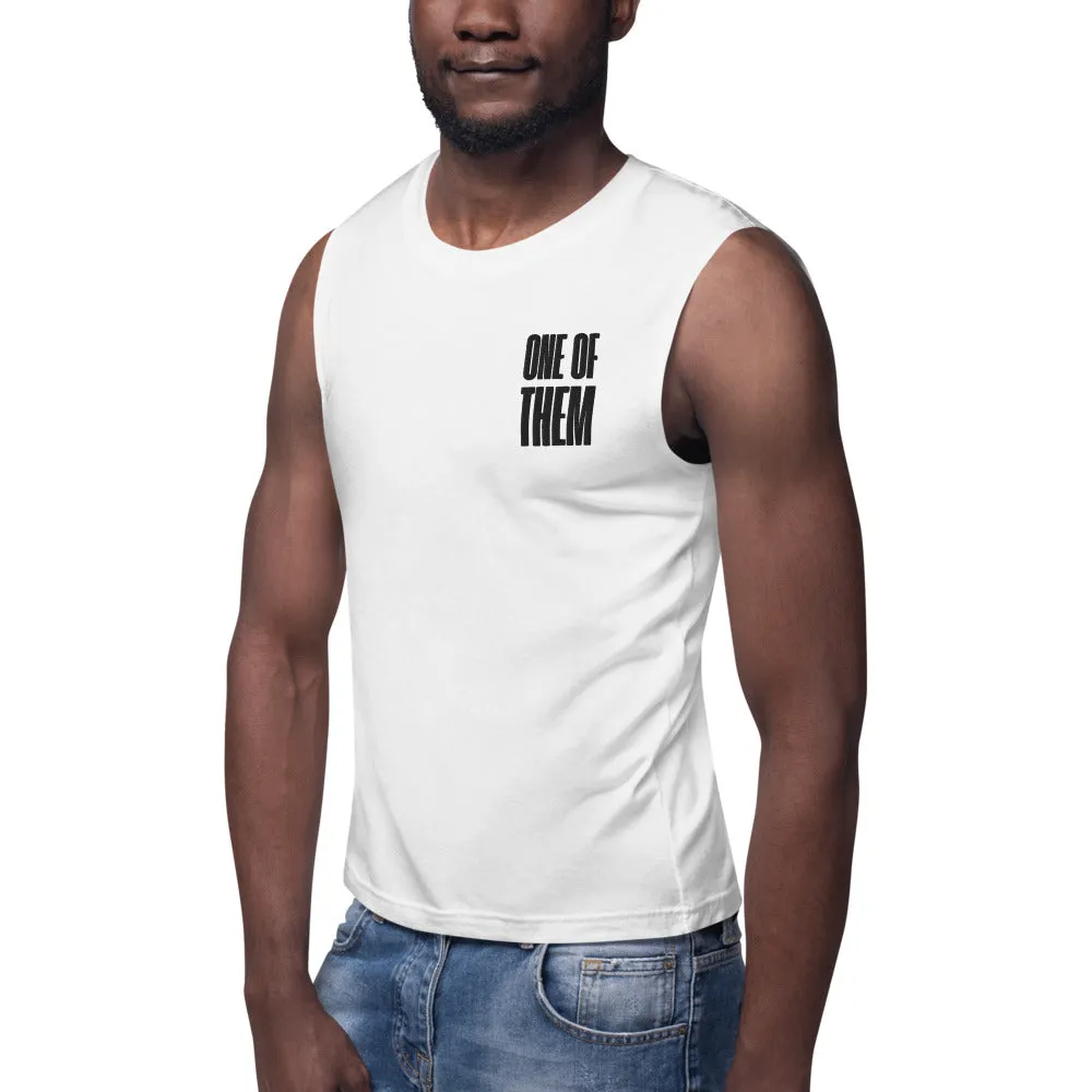 One of Them Black Text Embroidery on White Relaxed Fit Sleeveless Tank Top