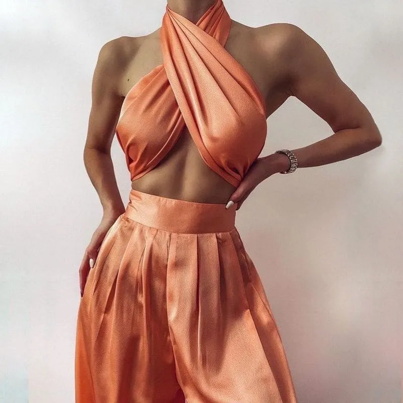 Orange Satin Pants Set