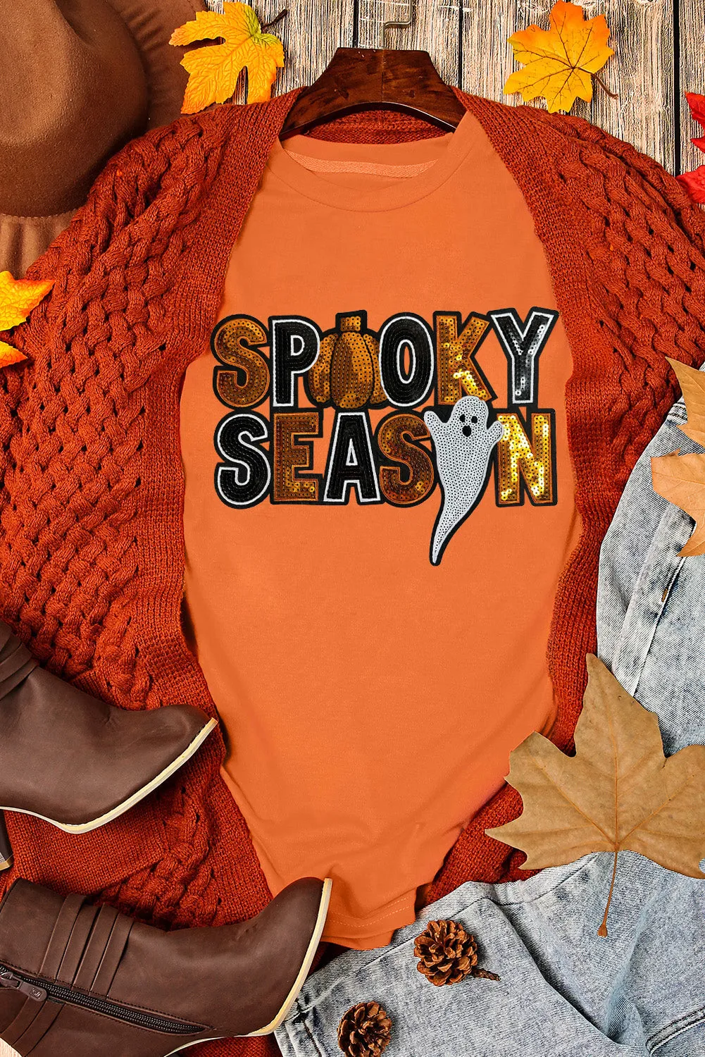 Orange Sequin SPOOKY SEASON Ghost Pattern Halloween T Shirt