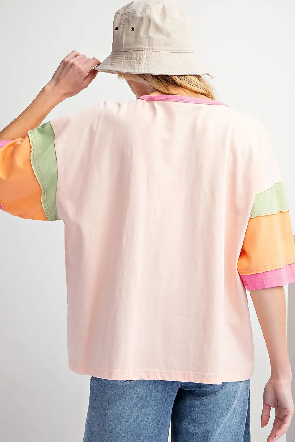 Pink Flower Color Block Half Sleeve Loose T Shirt