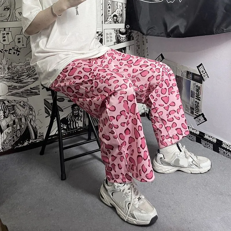 Pink Leopard Printed Wide Leg Loose Pants