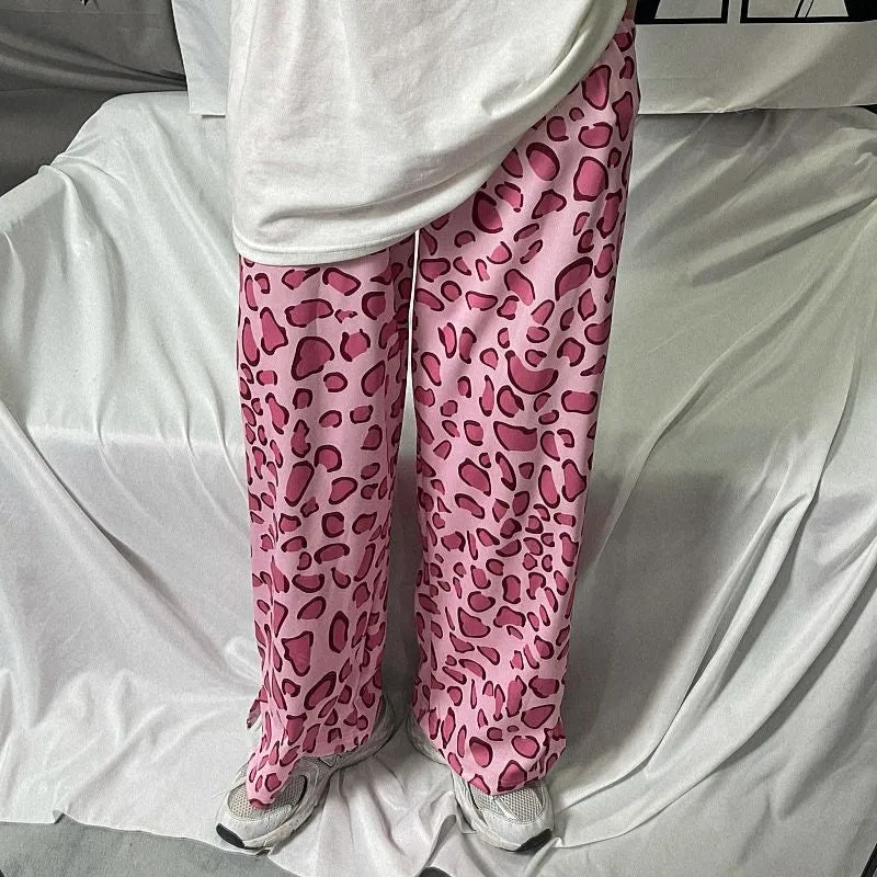 Pink Leopard Printed Wide Leg Loose Pants