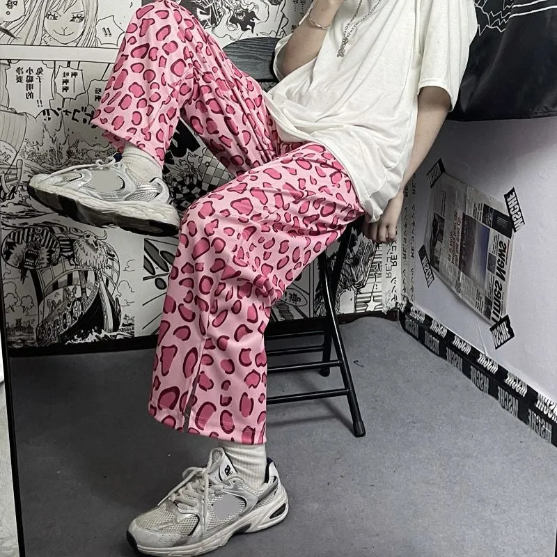 Pink Leopard Printed Wide Leg Loose Pants