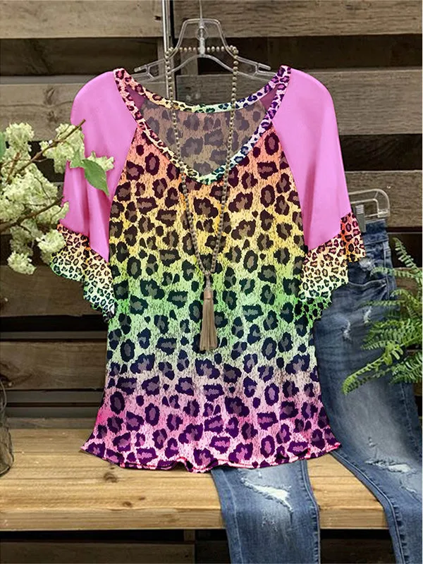Printed V-Neck Ruffle Tee