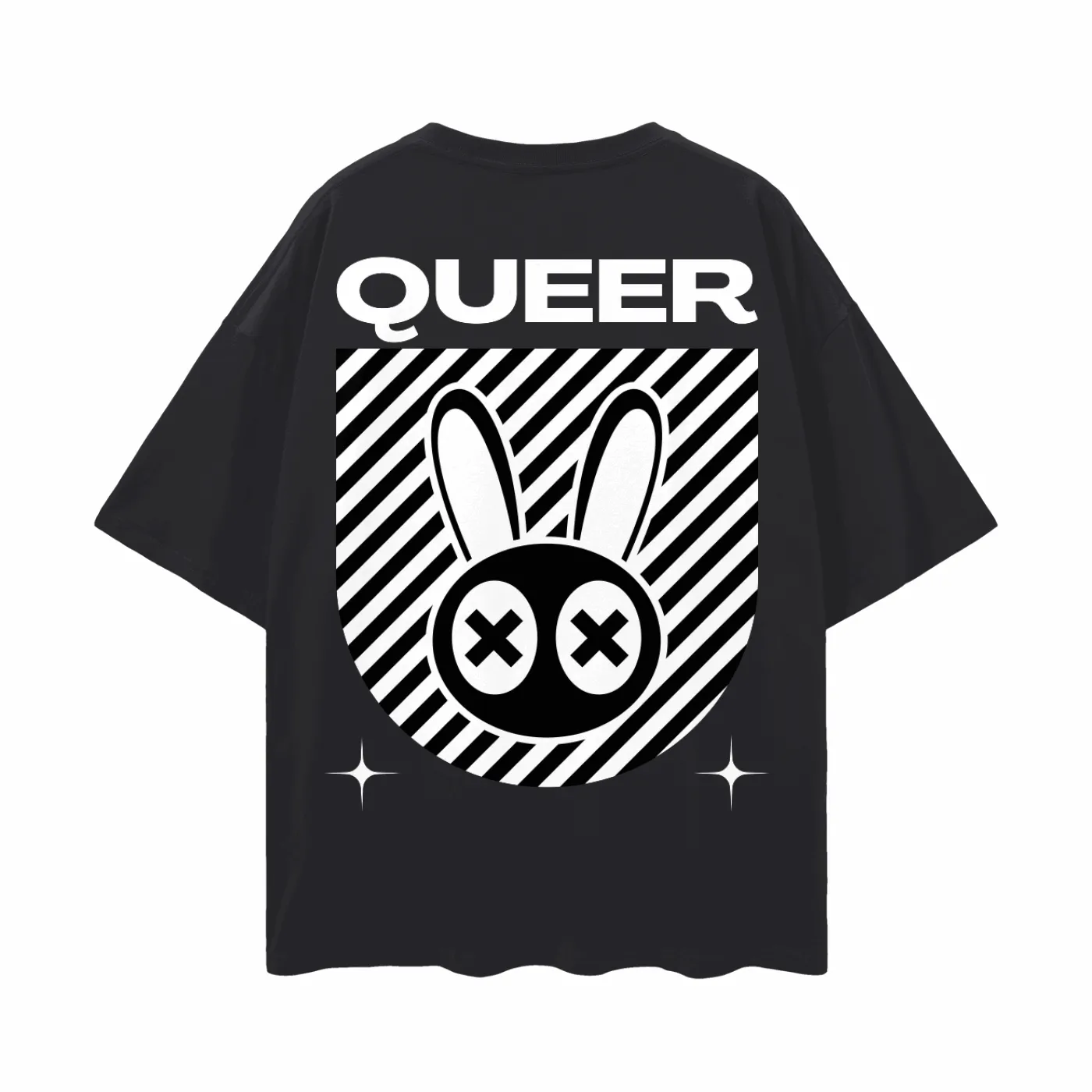 Queer Mad Rabbit Graphic T-Shirt Streetwear Style back of Black Oversize Deep Drop Shoulder Tee