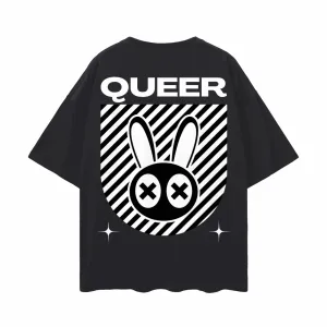 Queer Mad Rabbit Graphic T-Shirt Streetwear Style back of Black Oversize Deep Drop Shoulder Tee