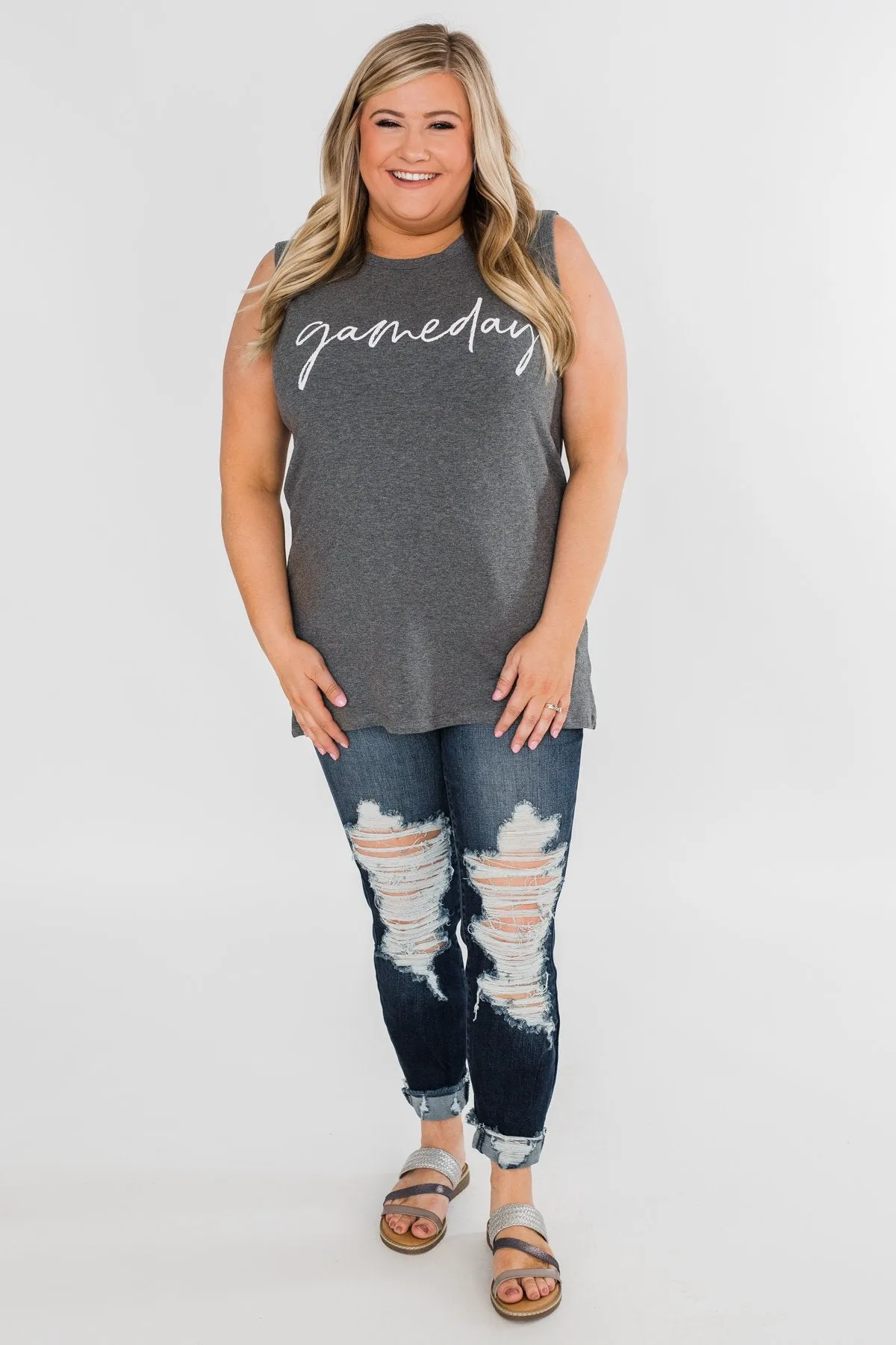 "Gameday" Graphic Tank Top- Charcoal