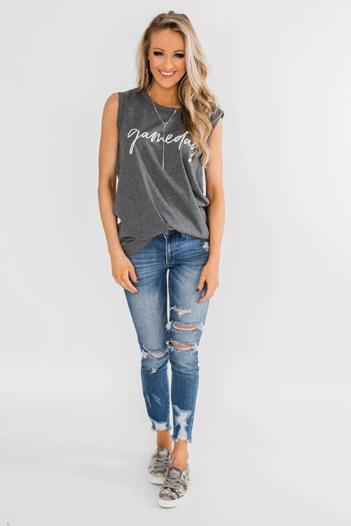 "Gameday" Graphic Tank Top- Charcoal