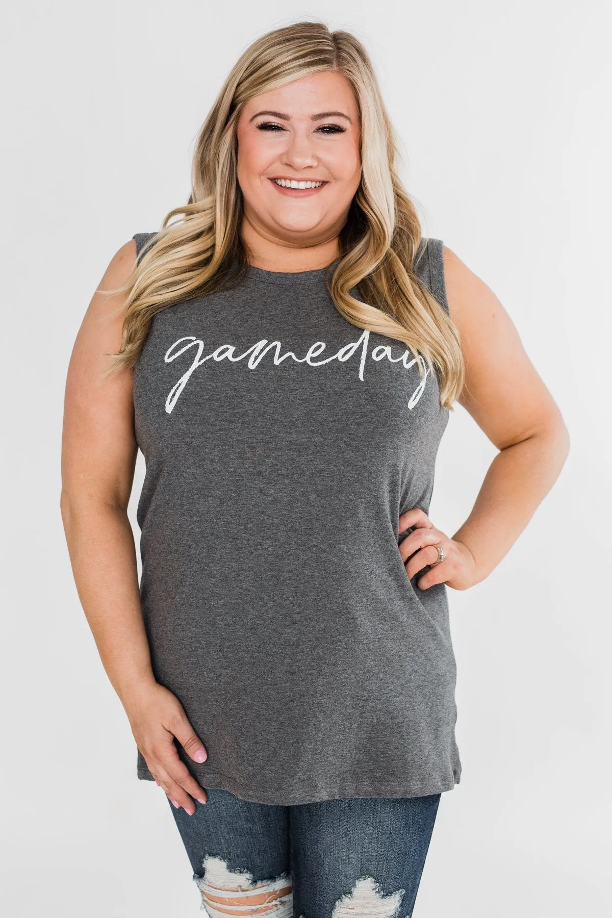"Gameday" Graphic Tank Top- Charcoal