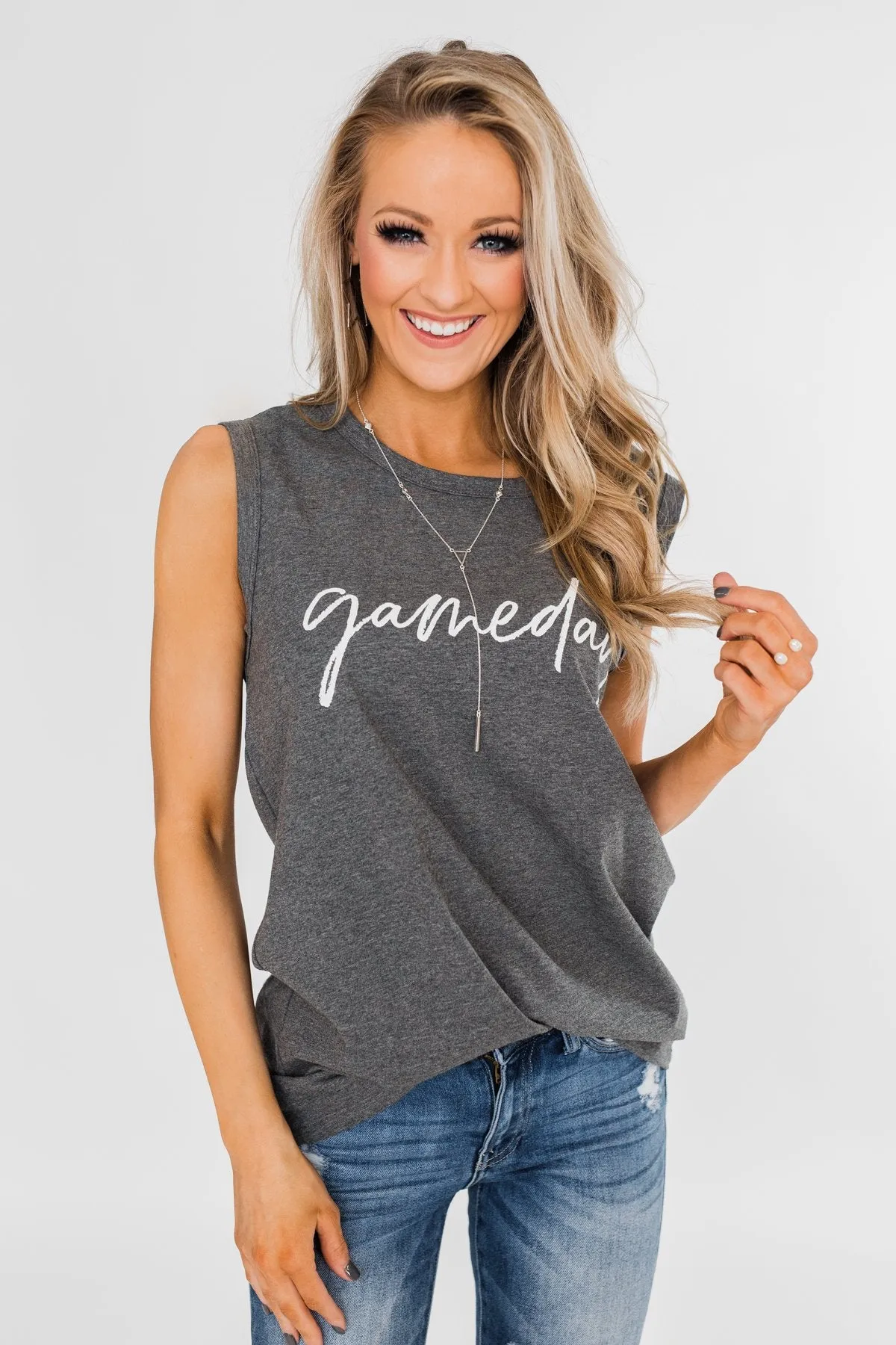 "Gameday" Graphic Tank Top- Charcoal