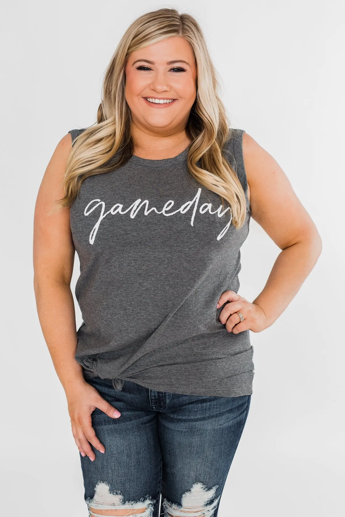 "Gameday" Graphic Tank Top- Charcoal