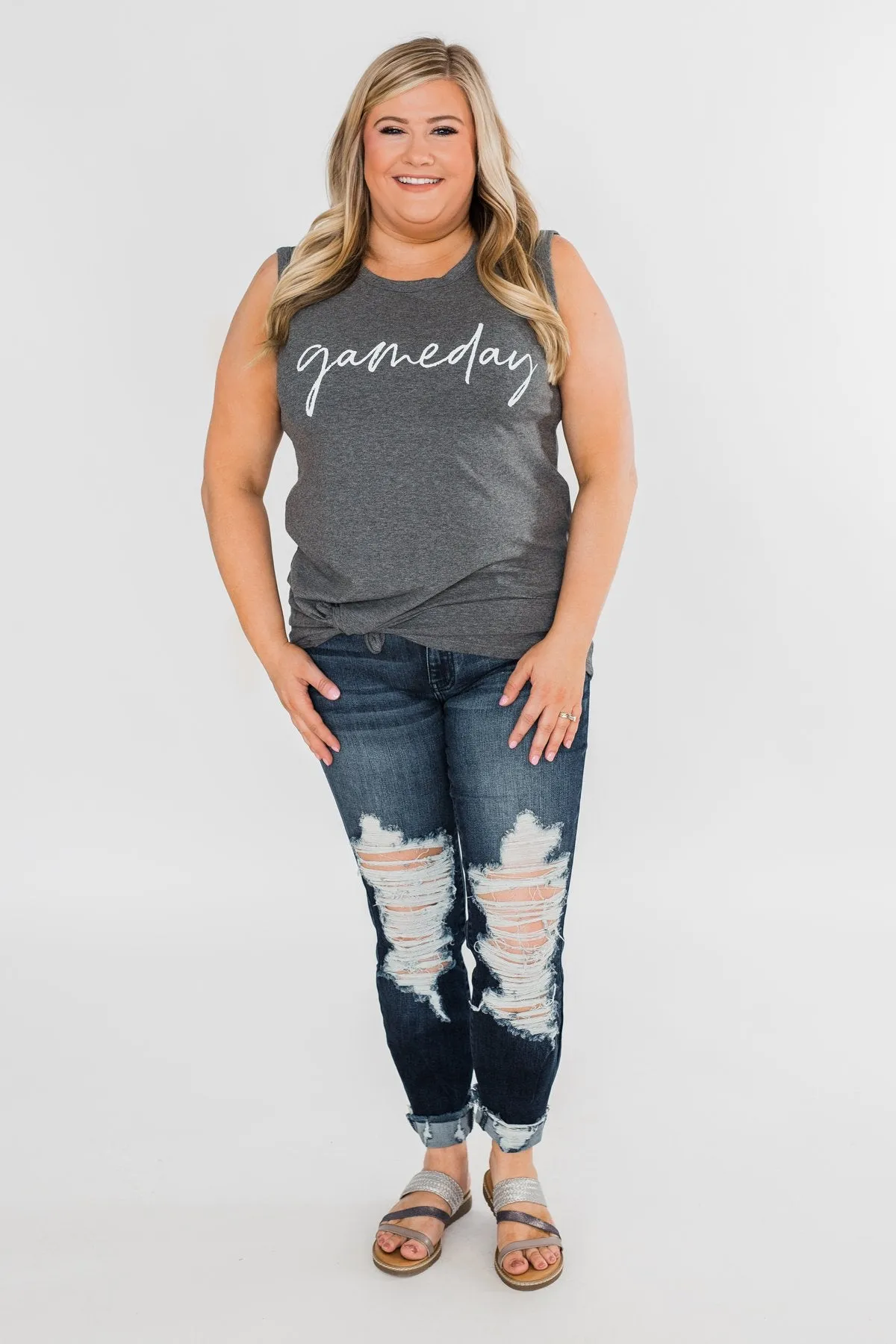 "Gameday" Graphic Tank Top- Charcoal