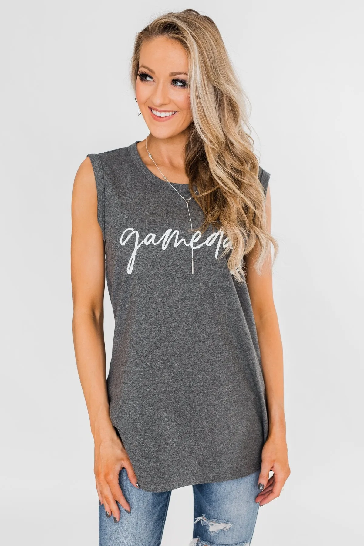 "Gameday" Graphic Tank Top- Charcoal