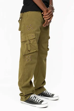 ROBINS NEW MILITARY STYLE CARGO PANTS IN OLIVE  WITH WESTERN CRYSTAL MOTIF