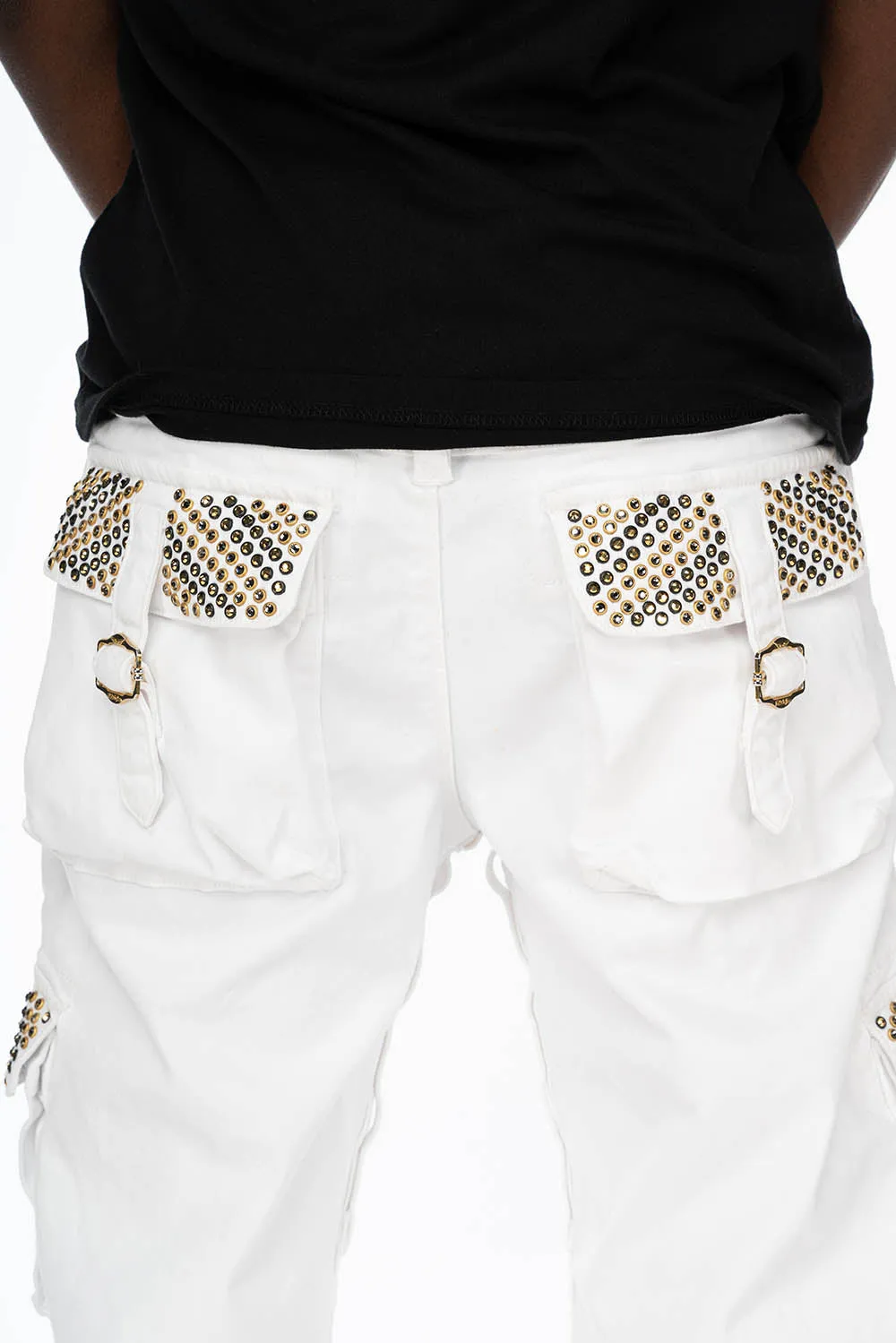 ROBINS NEW MILITARY STYLE CARGO PANTS IN WHITE WITH BLK DIAMOND AND AURUM CRYSTALS