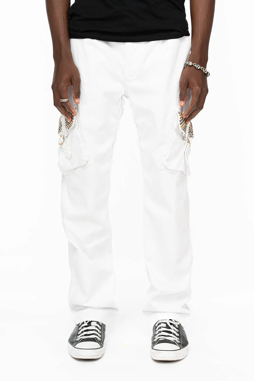 ROBINS NEW MILITARY STYLE CARGO PANTS IN WHITE WITH BLK DIAMOND AND AURUM CRYSTALS