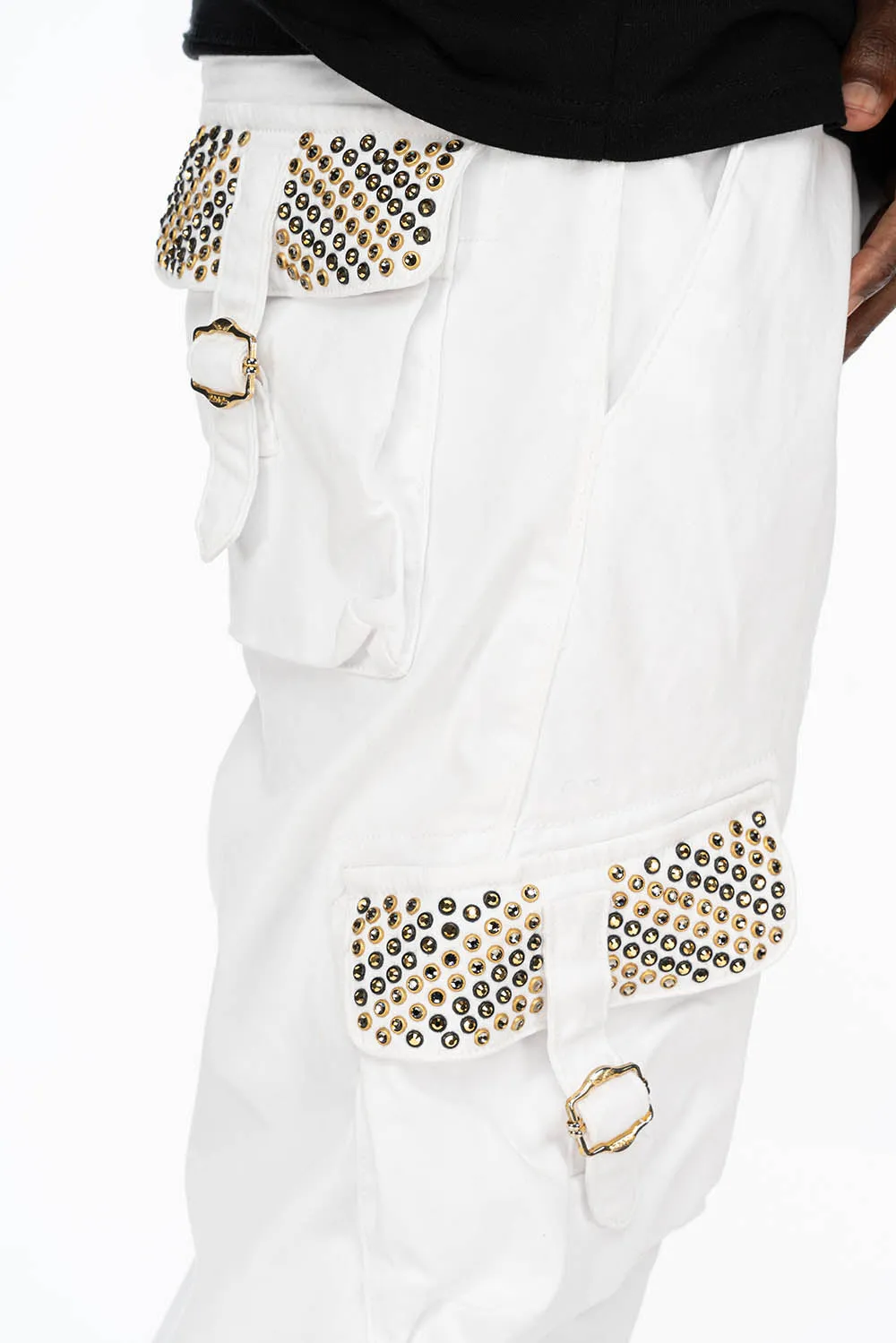 ROBINS NEW MILITARY STYLE CARGO PANTS IN WHITE WITH BLK DIAMOND AND AURUM CRYSTALS