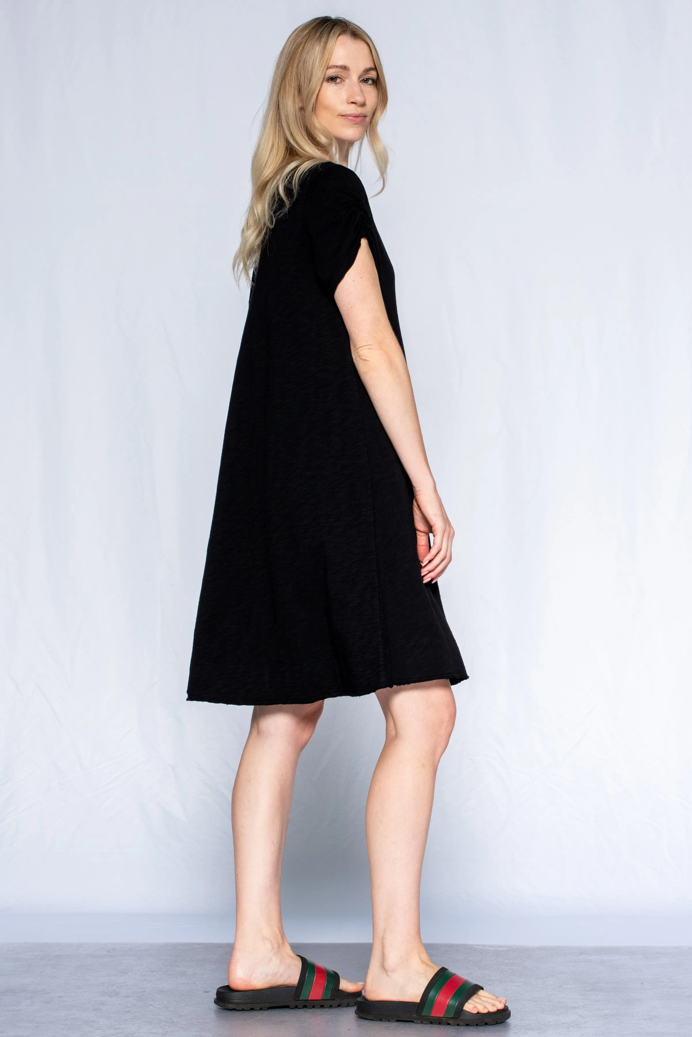Ruched Sleeve Trapeze Tee Dress