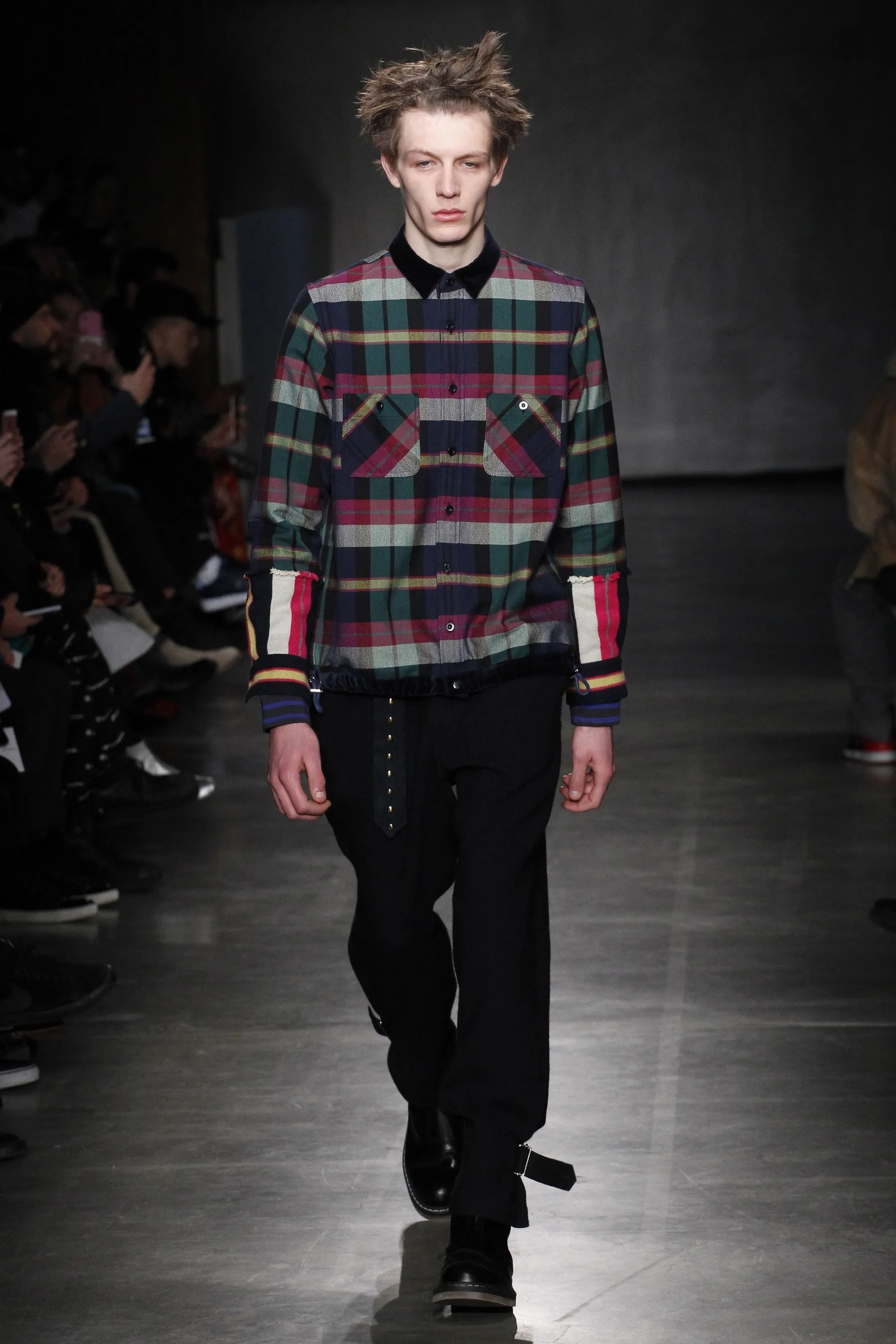 Sacai Fall 2017 Green and Blue Check Double Faced Flannel Shirt - L
