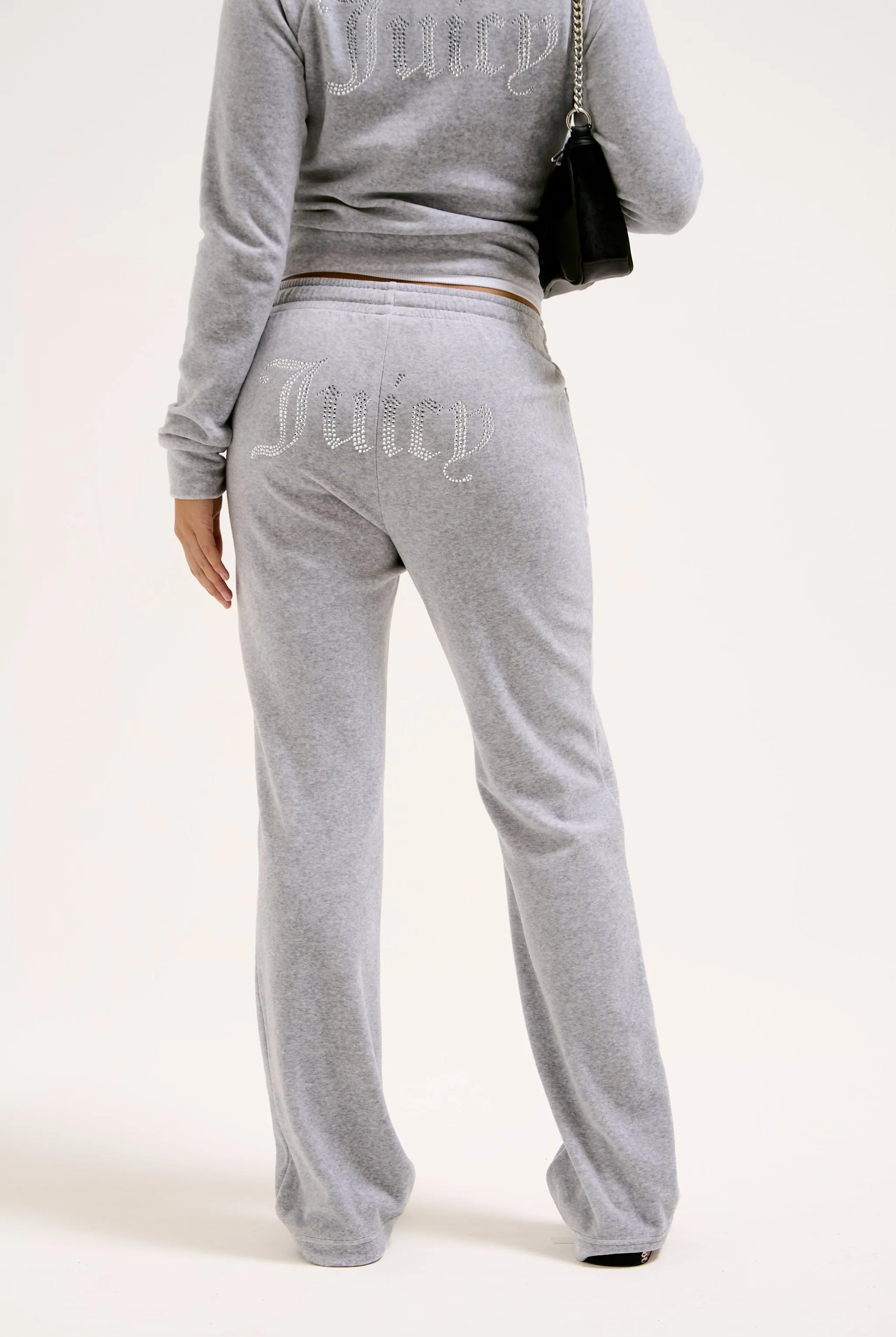 SILVER MARL VELOUR DIAMANTE TRACKSUIT BOTTOM