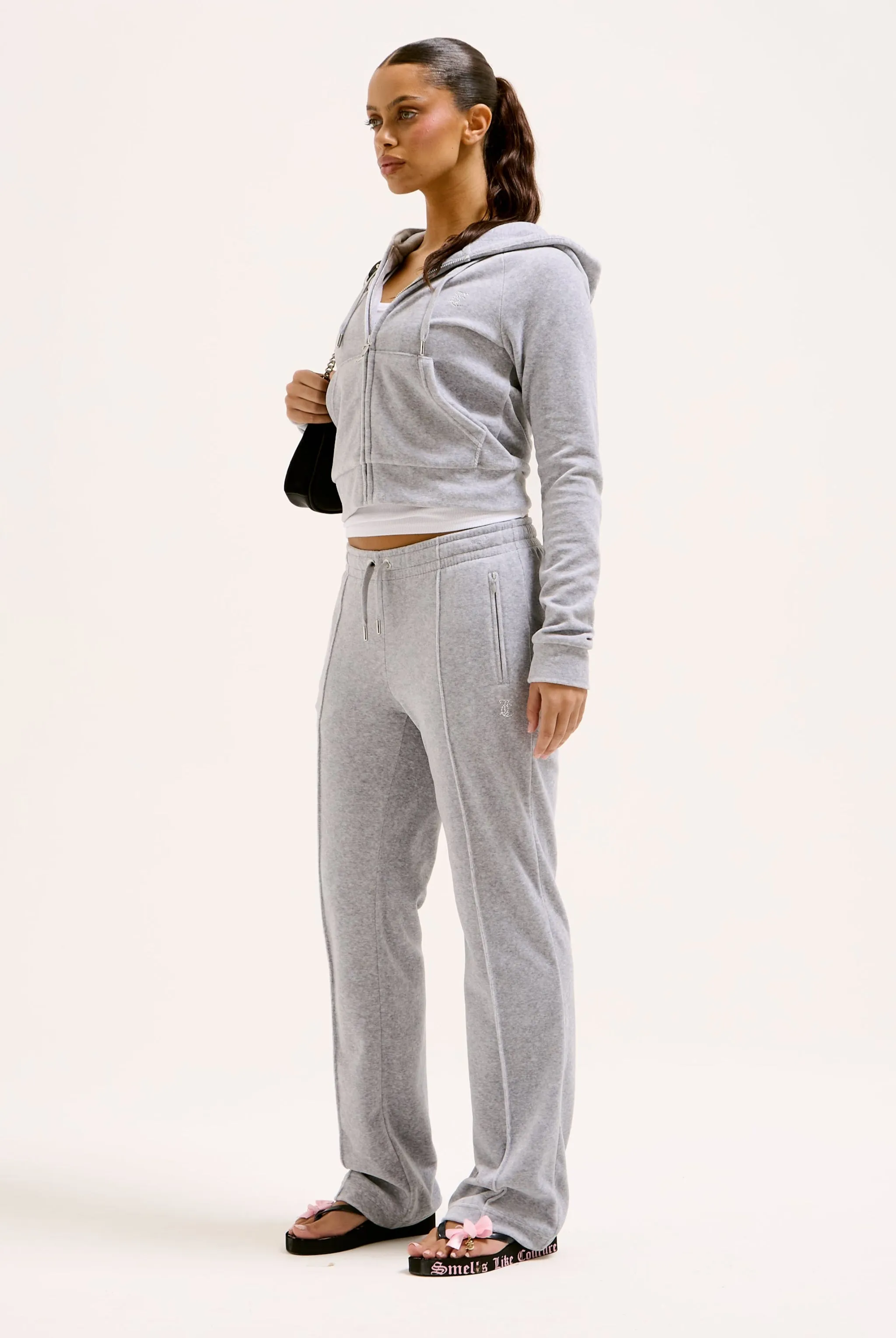 SILVER MARL VELOUR DIAMANTE TRACKSUIT BOTTOM