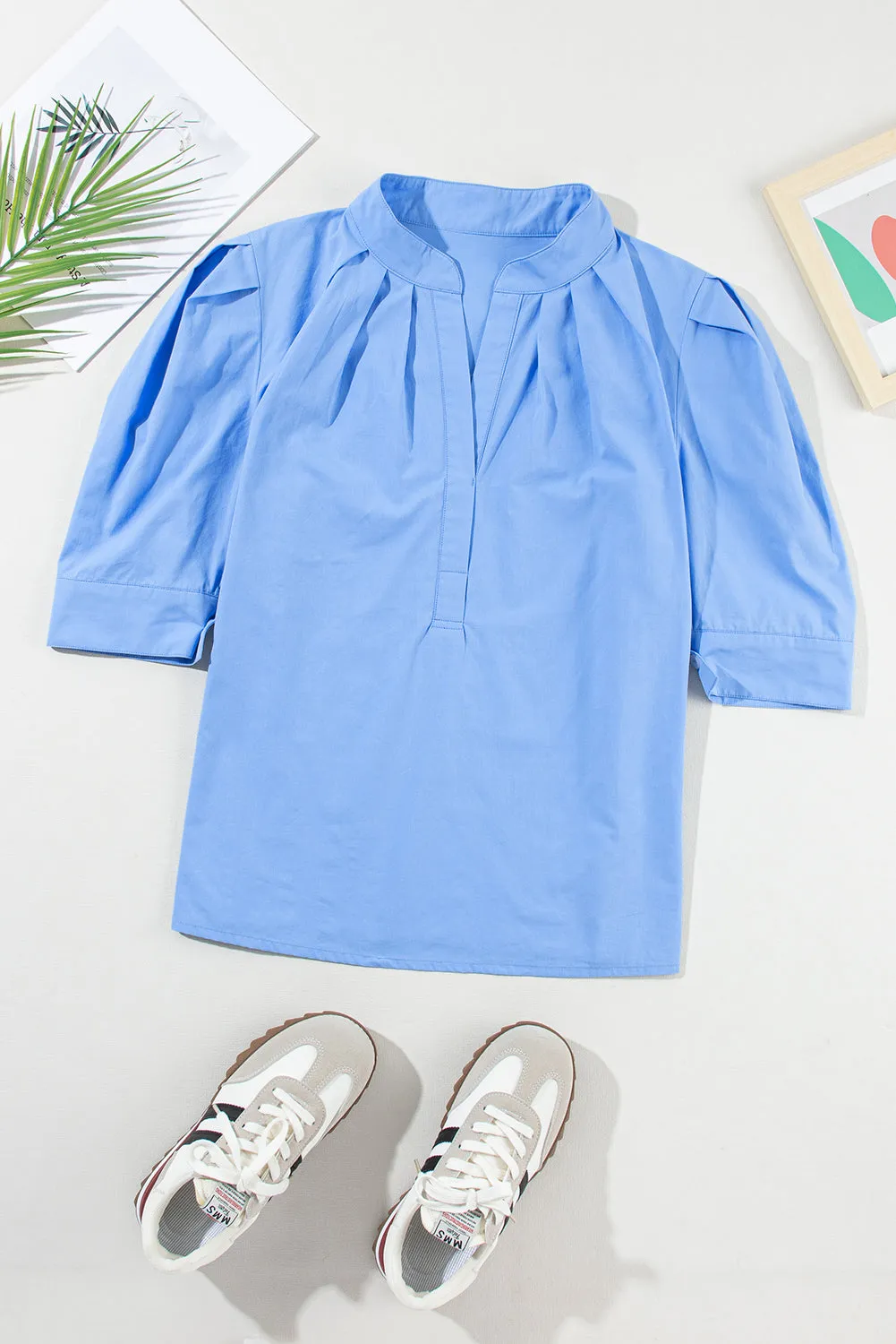 Sky Blue Solid 3/4 Sleeve Buttoned Stand Neck Shirt