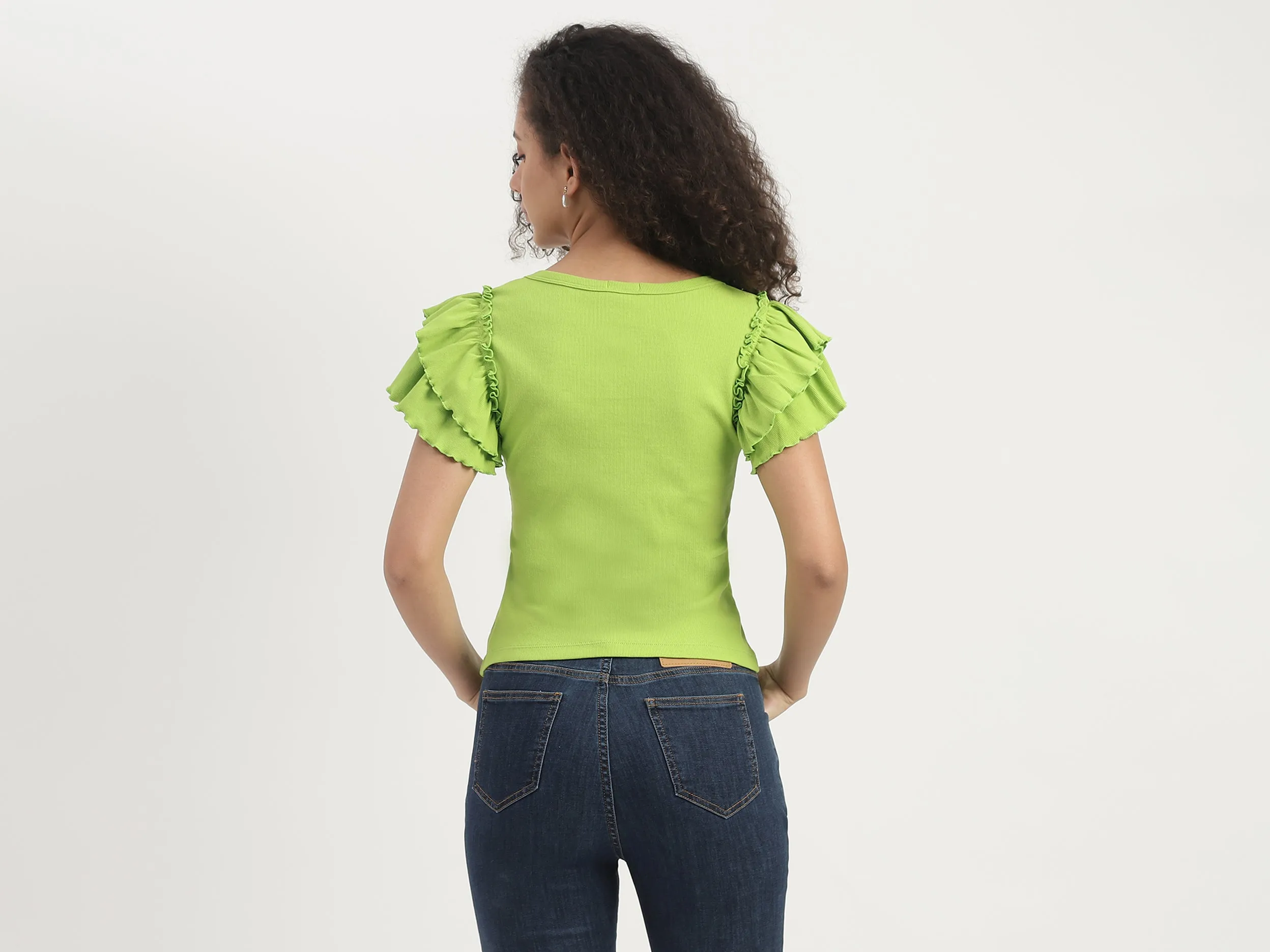 Slim Fit V-Neck Ruffle Sleeve Top