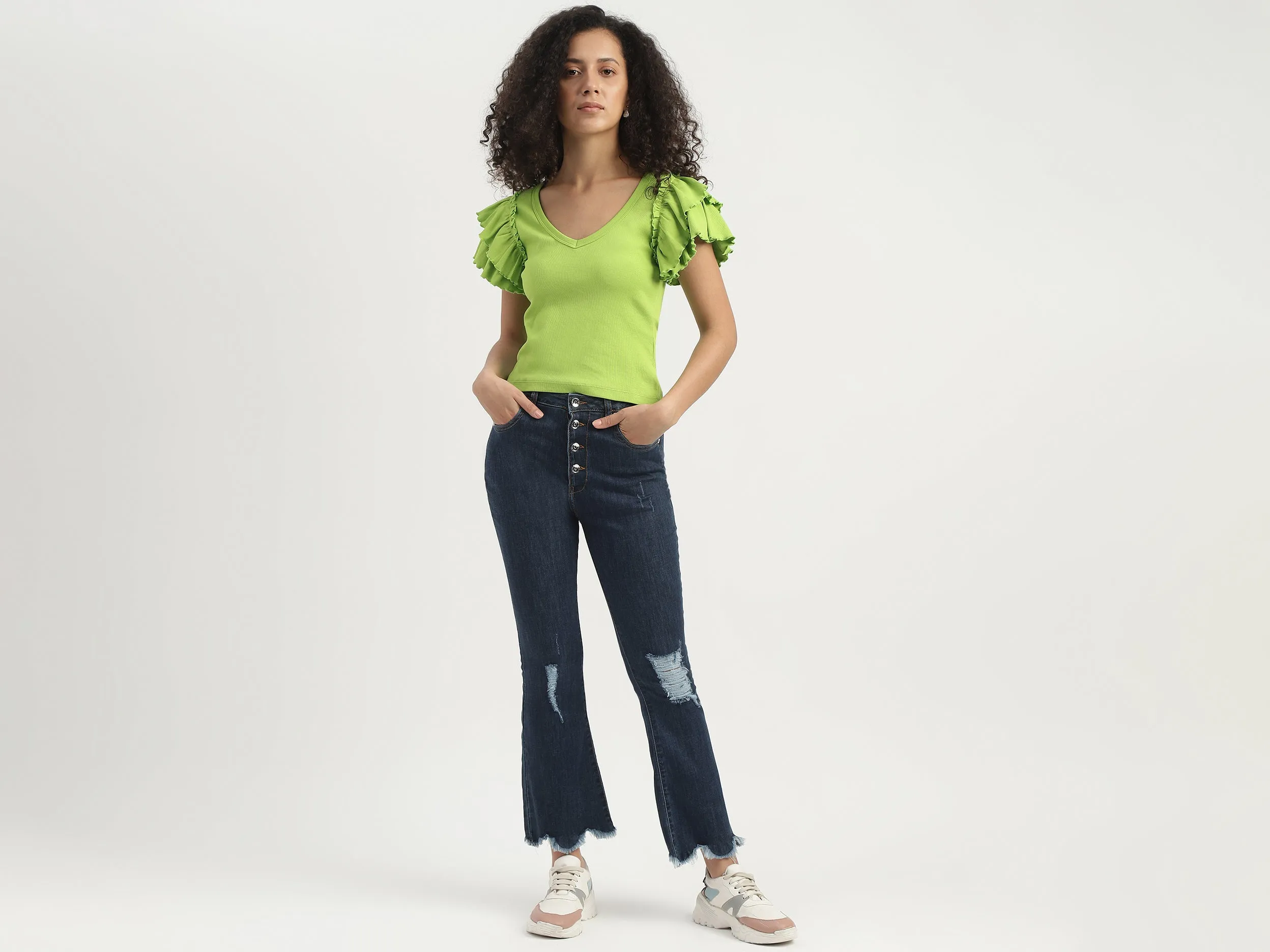 Slim Fit V-Neck Ruffle Sleeve Top