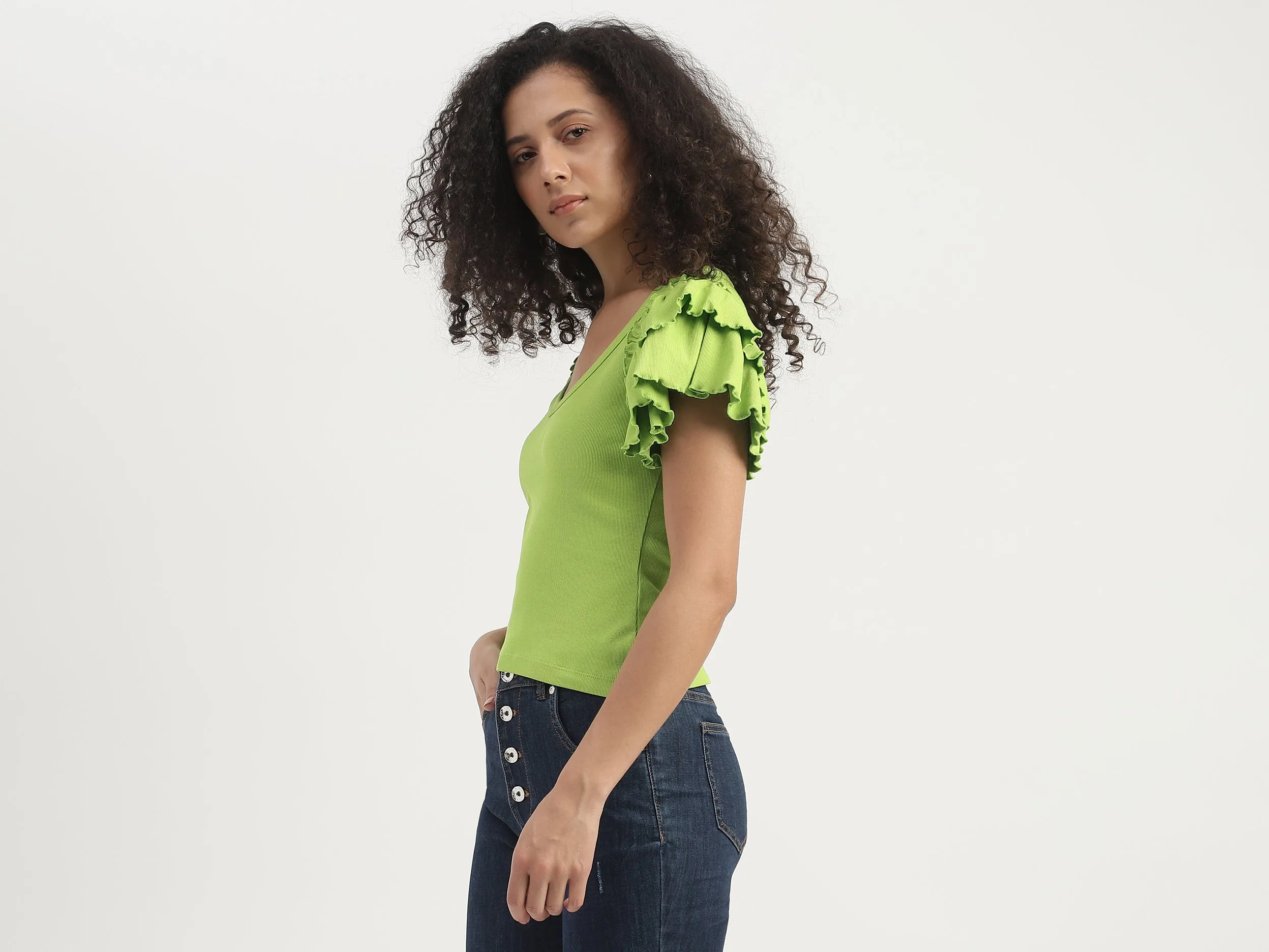 Slim Fit V-Neck Ruffle Sleeve Top