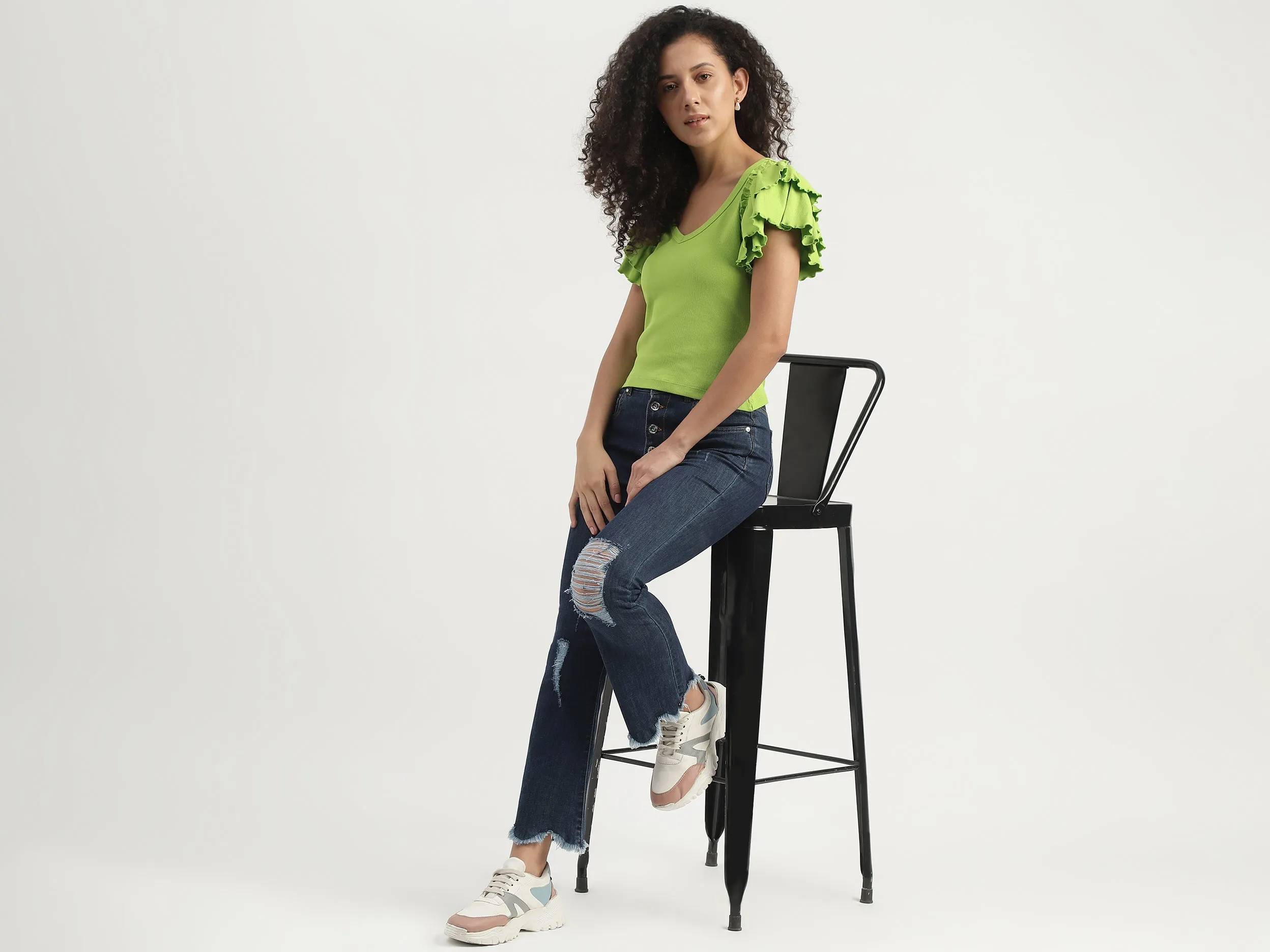 Slim Fit V-Neck Ruffle Sleeve Top