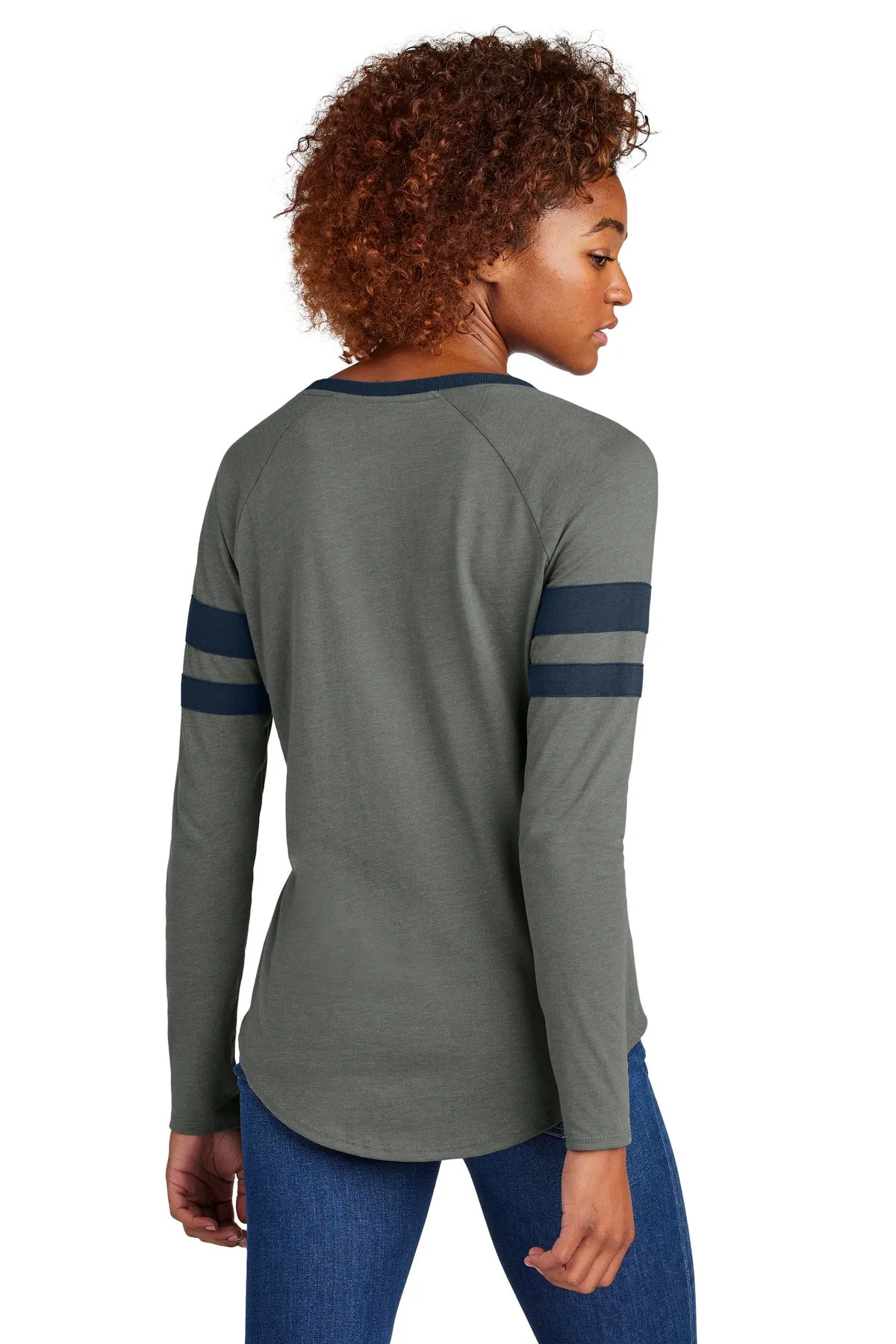 Sport-Tek Women's Halftime Stripe Long Sleeve V-Neck Tee LST6043 True Navy/ Vintage Heather