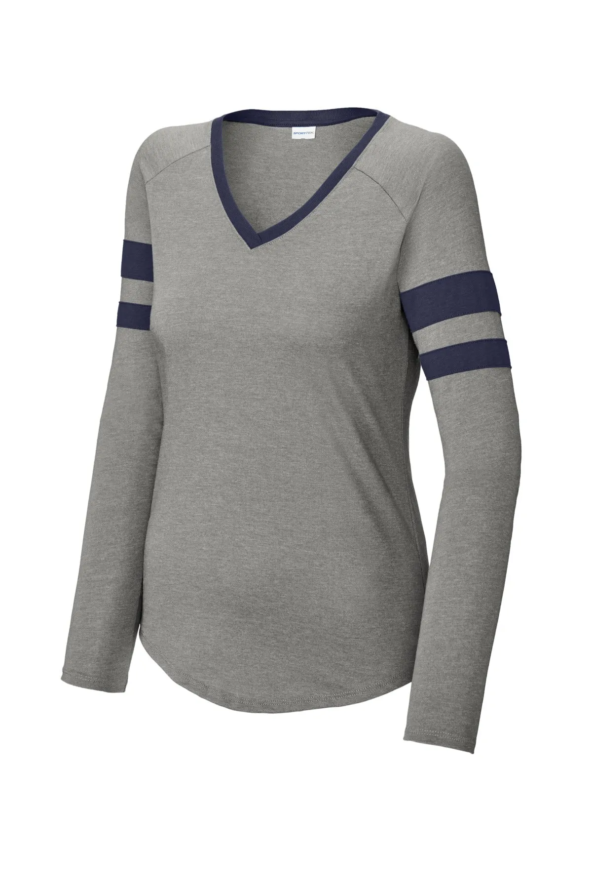 Sport-Tek Women's Halftime Stripe Long Sleeve V-Neck Tee LST6043 True Navy/ Vintage Heather
