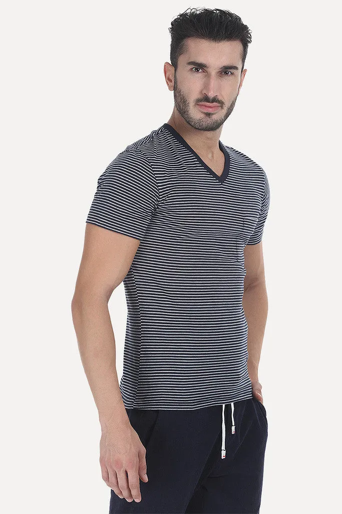 Striped Cotton Melange Knit V Neck Tee