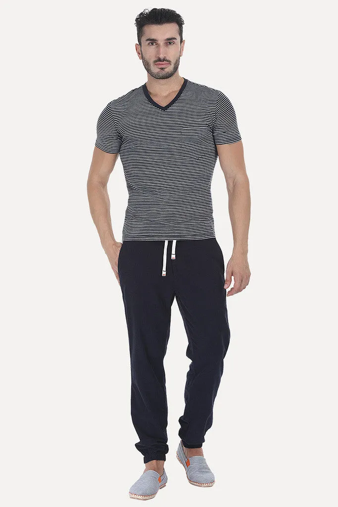 Striped Cotton Melange Knit V Neck Tee